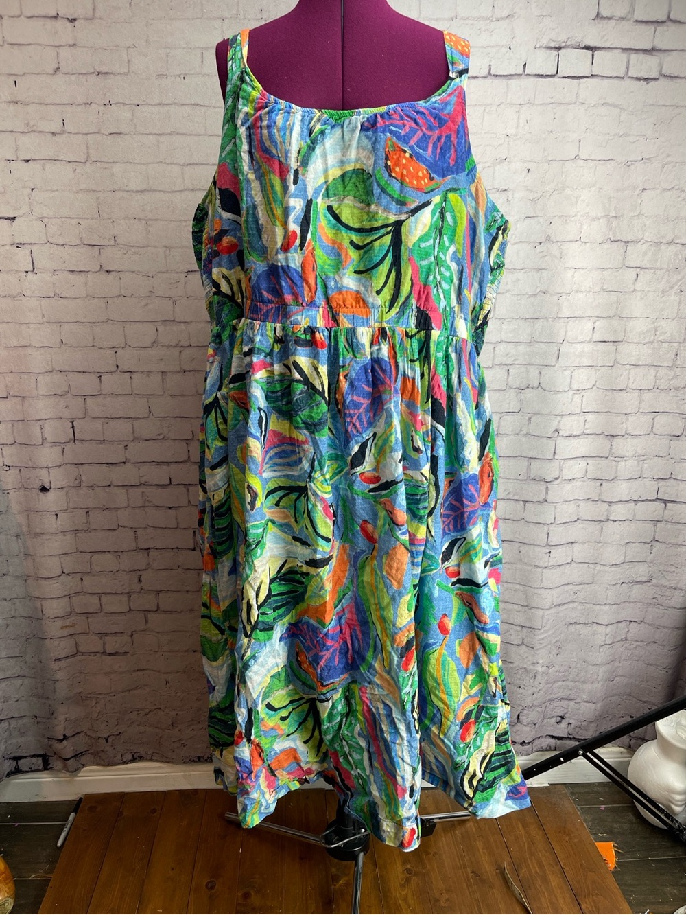 Nic + Zoe size 3X Sophie Island Beat Cotton Midi Sundress blue foliage print